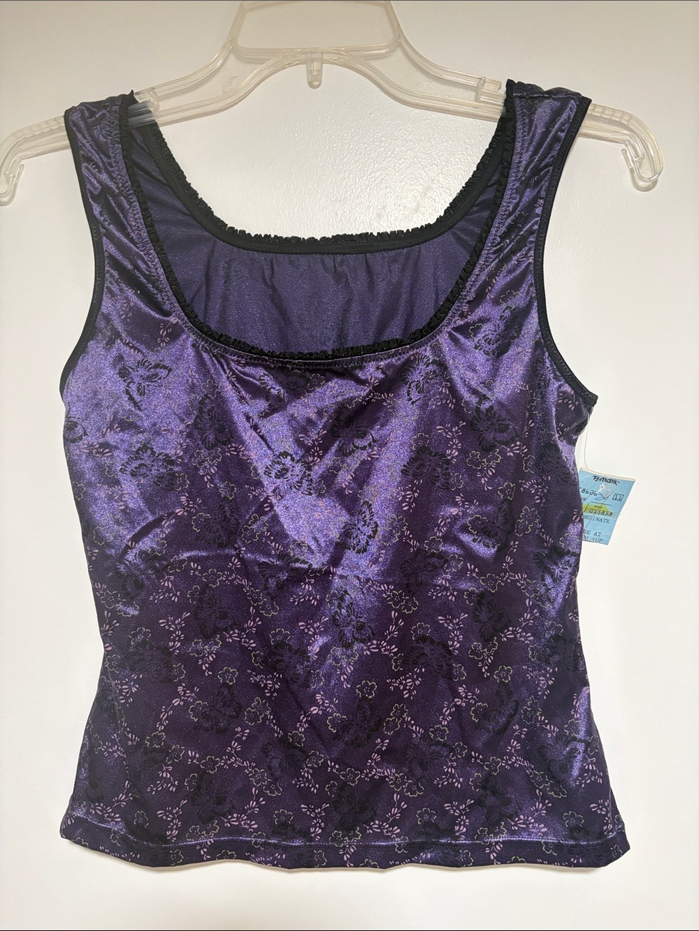 NWT- new Purple Floral NylonTank Top with Black Trim